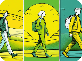 Illustration of 3 people in 3 separate scenes. They all wear backpacks and walk through outdoor landscapes drawn in hues of yellow, green & blue.