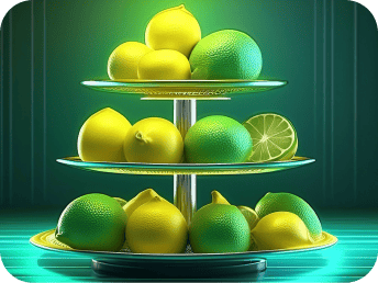 A three-tiered platter holding yellow and green yuzus. Background is hues of green and blue with neon lights.